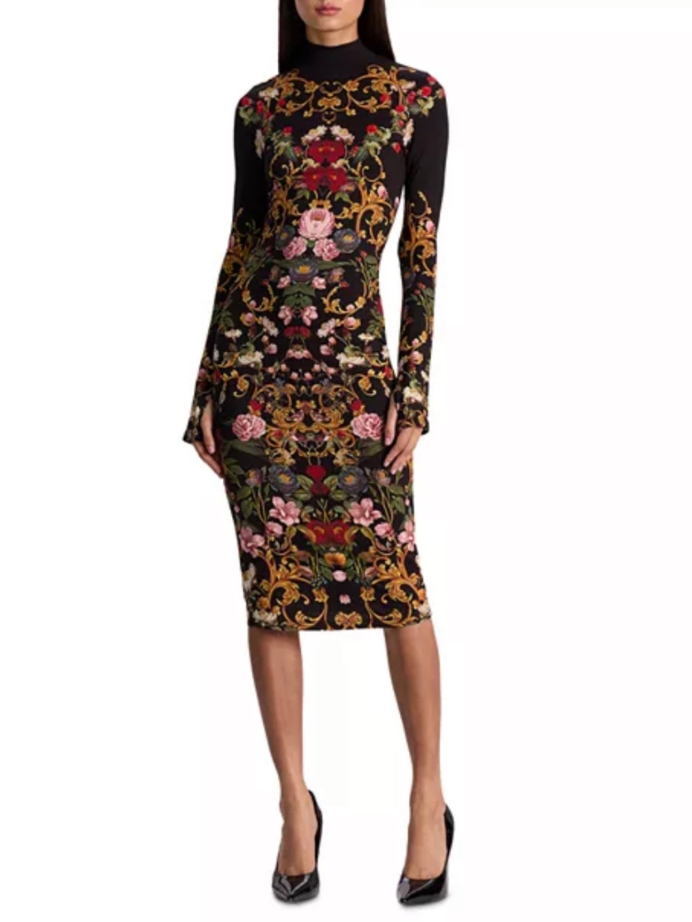 Alice + Olivia Baroque Floral Mock Neck Long Sleeve Dress NWT